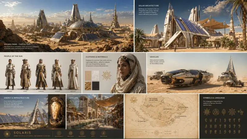 Create a complete visual worldbuilding set for a futuristic desert civilization powered