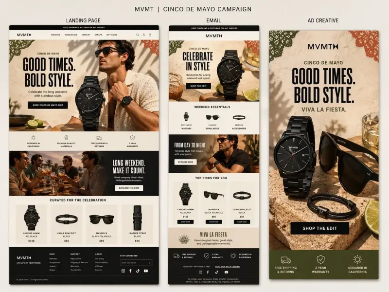 Create a premium presentation-style campaign board for MVMT’s Cinco de Mayo campaign on