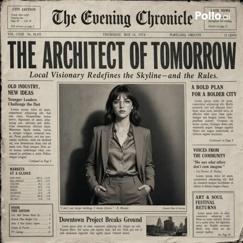 Create the most realistic front page design of a vintage newspaper featuring the main ch