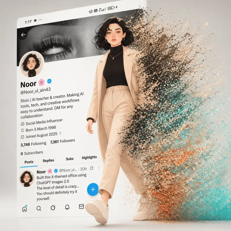A cinematic digital artwork of a stylish animated girl walking out of a modern X (Twitte