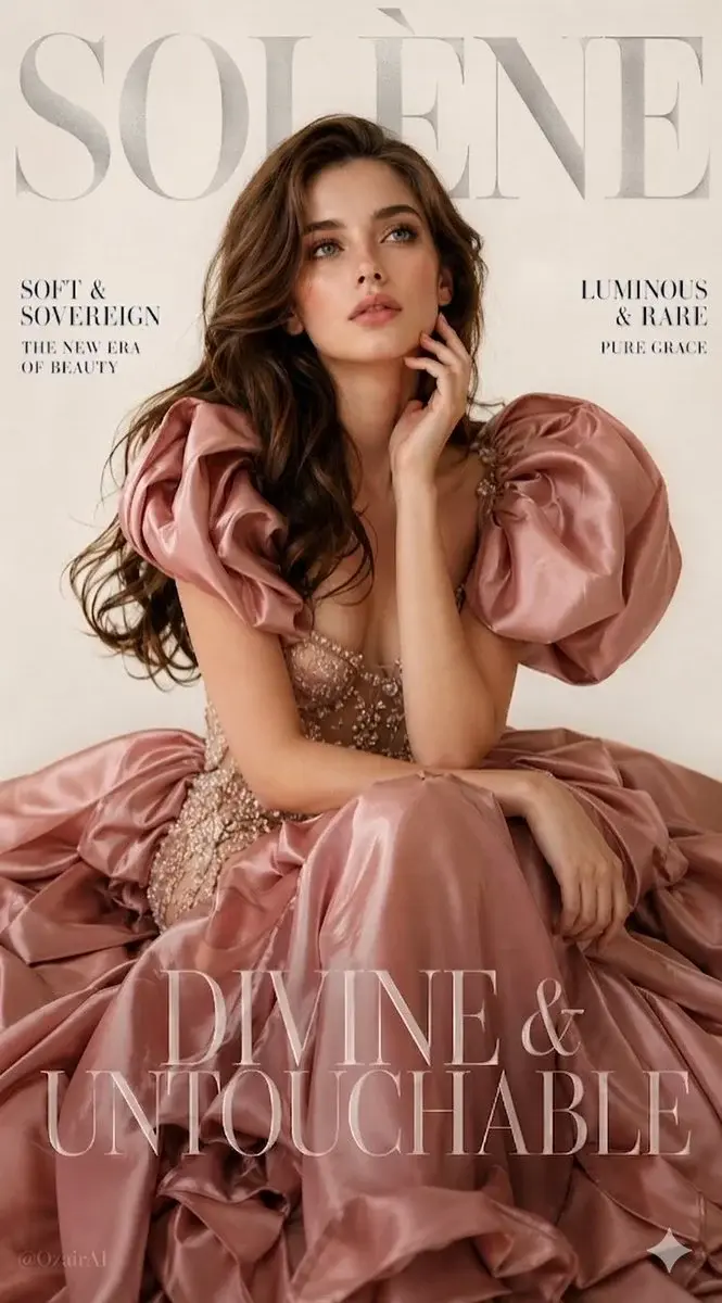 A breathtaking luxury fashion magazine cover. Large bold silver serif brand name "SOLÈNE
