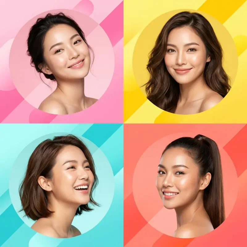 Ultra-modern high-end skincare advertising collage featuring four beautiful young Asian