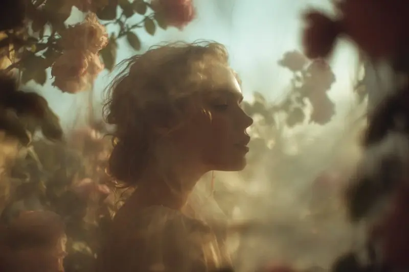 A soft-focus dream photograph of a [subject] in a [setting], seen through translucent fa