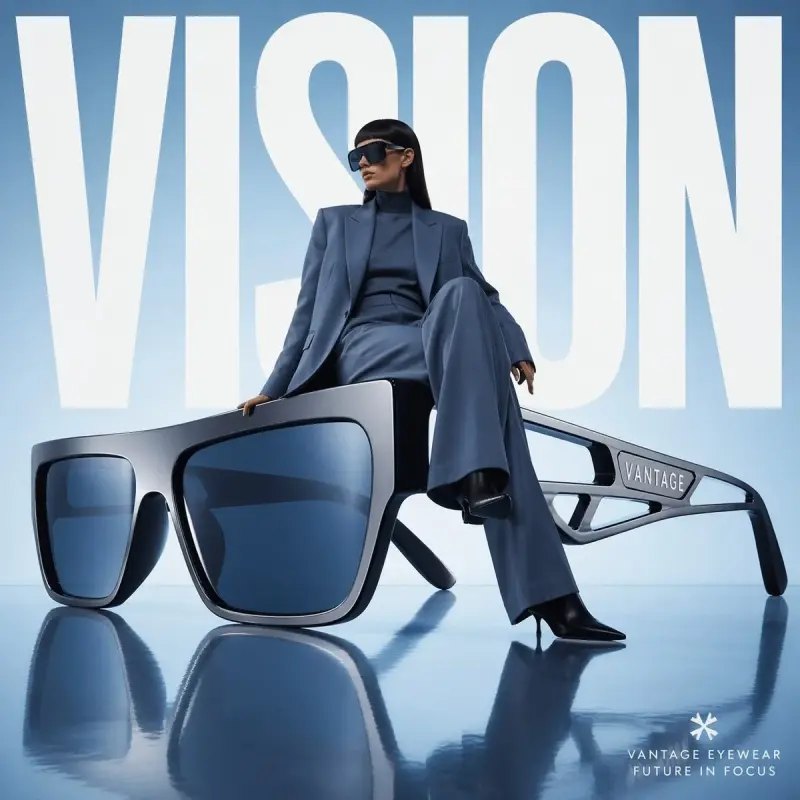Avant-garde fashion advertisement, oversized futuristic sunglasses positioned like sculp