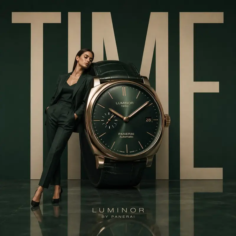Minimalist luxury watch campaign, oversized wristwatch positioned like modern sculpture,