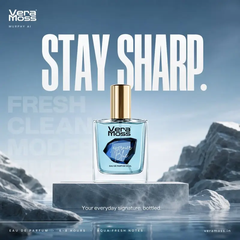 Hyper-realistic cinematic perfume billboard poster for Vera Moss Tavernier Blue Eau De P