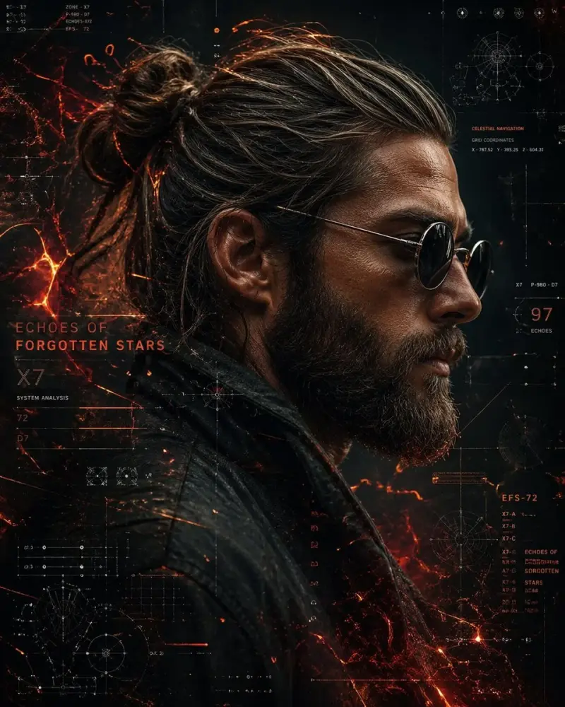 A cinematic side-profile portrait of a rugged man with a tied-back bun and full beard, w