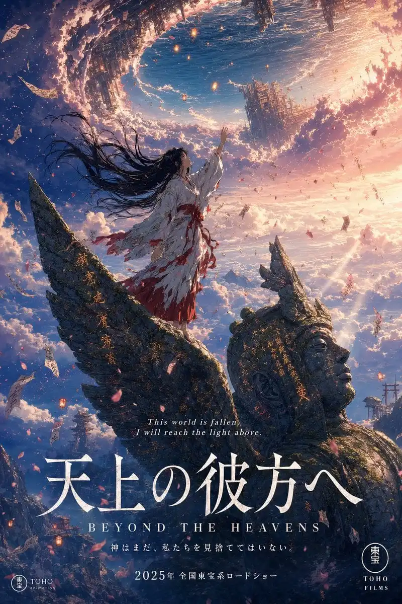 A stunning anime theatrical movie poster in portrait format. Studio Ghibli meets Makoto
