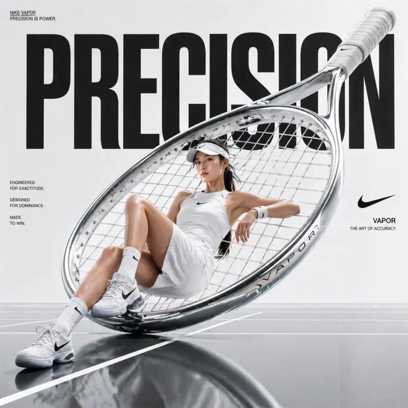 Avant-garde sports fashion advertisement, oversized tennis racket positioned like monume