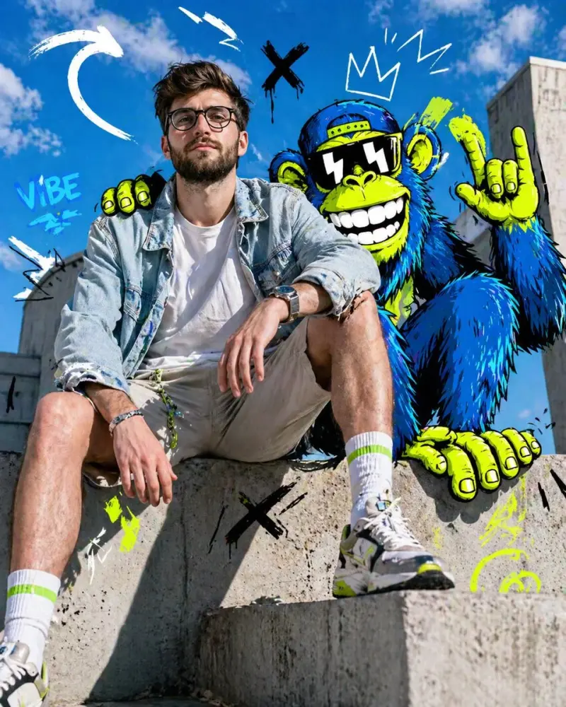 Full-body fashion editorial shot of a confident young person model sitting casually on a