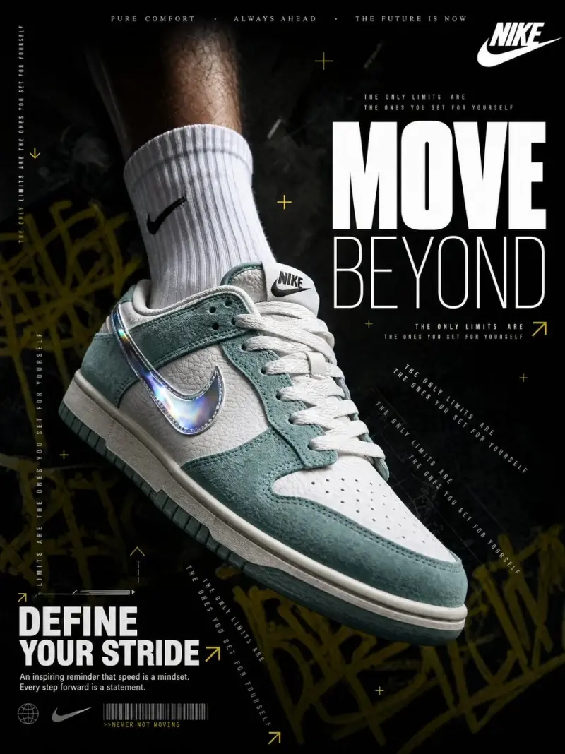 A hyperrealistic Nike sneaker advertisement shot in a dark, moody editorial style. A mal
