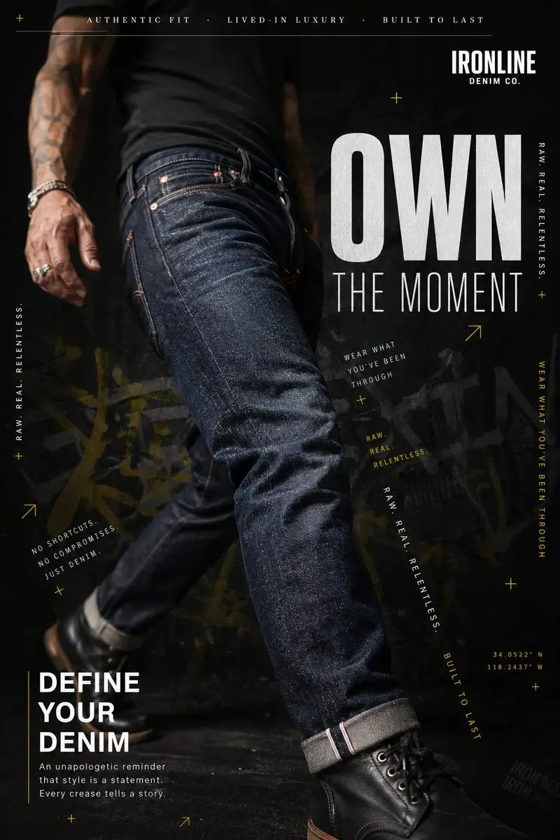 A hyperrealistic premium denim advertisement shot in a dark, moody editorial style. A ma