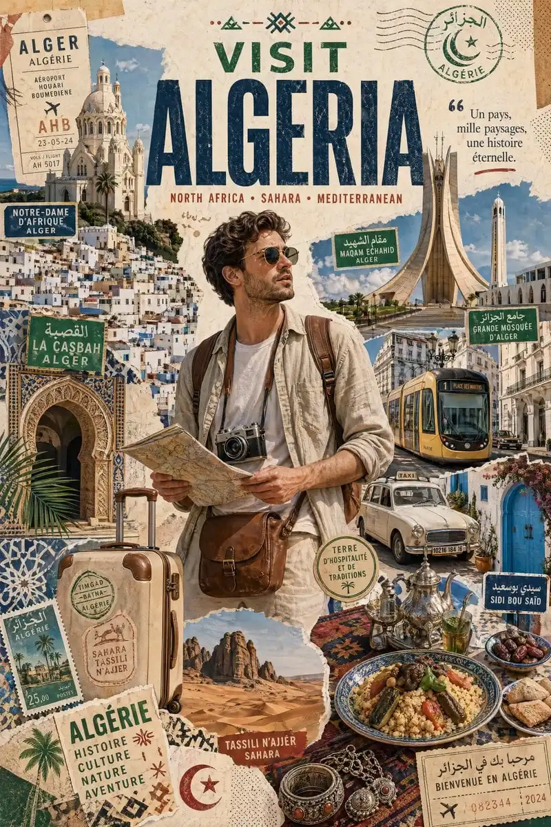 Create a stylized travel poster / graphic collage for [ALGERIA]. The main subject should