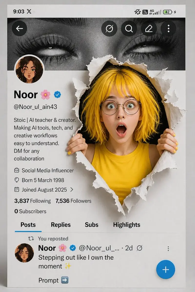 A creative 3D photo manipulation of a social media profile interface, featuring a surpri