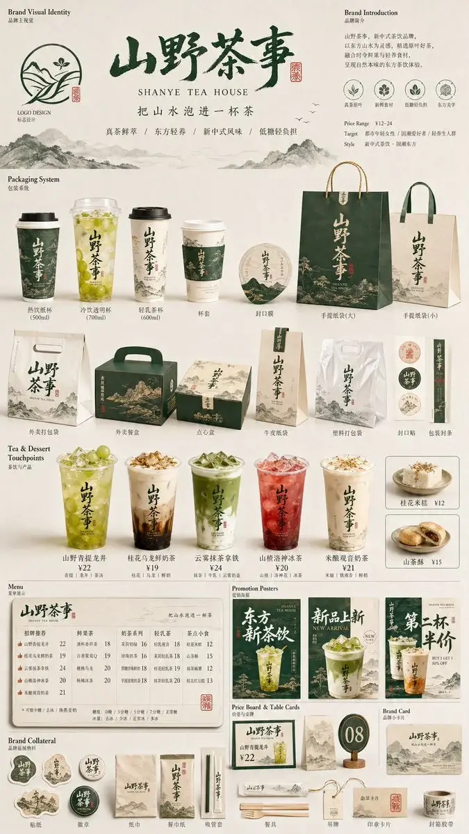 生成一张[餐饮品牌触点矩阵]系列视觉图，用于展示一个完整的餐饮品牌视觉系统与包装应用方案。