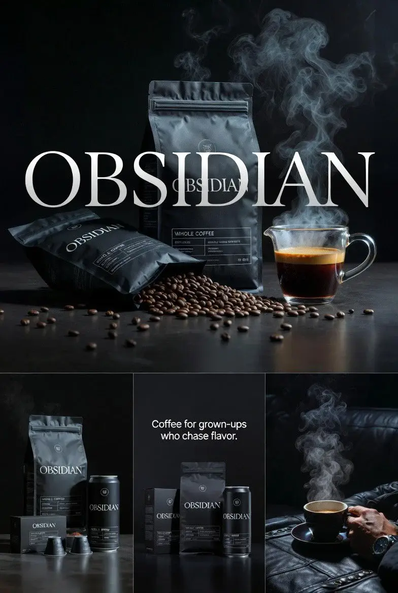 Create four connected premium realistic editorial images for OBSIDIAN coffee. Dark cinem