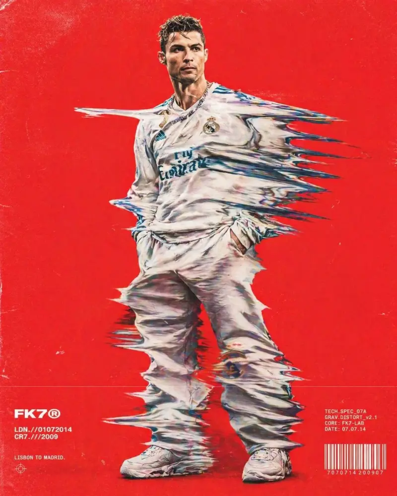 Hip-hop fashion model standing full-frame, clothing distorted into stretched streaks lik