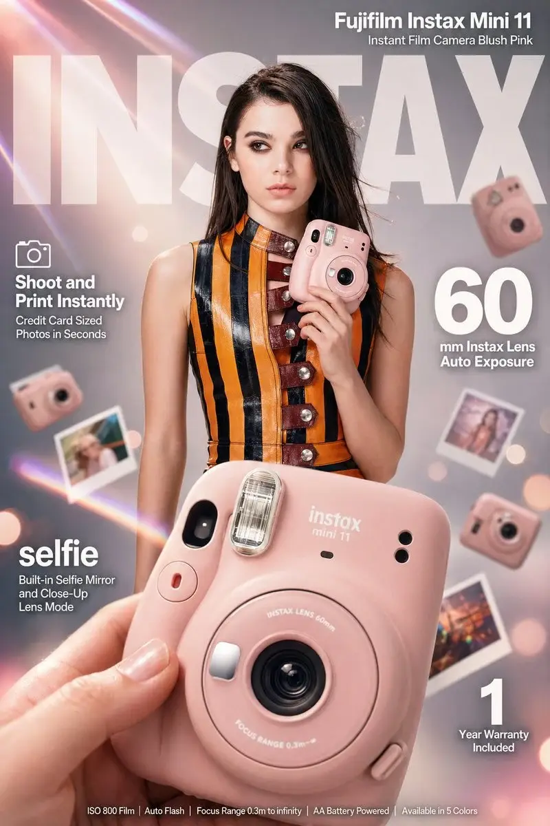 High-impact e-commerce infographic advertisement for "Fujifilm Instax Mini 11" blush pin