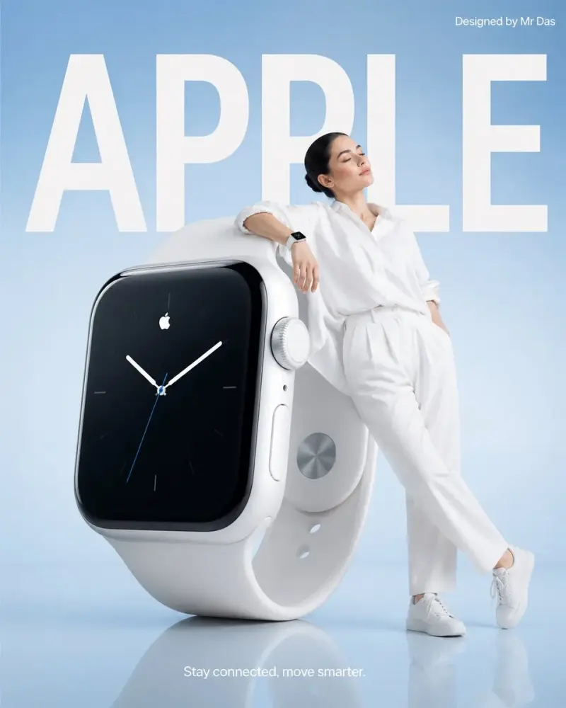 Minimalist commercial ad featuring oversized white smartwatch, ultra-clean design. A you