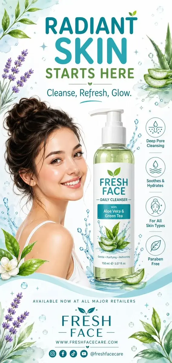 A clean, refreshing vertical advertising poster design for a face wash product, using a