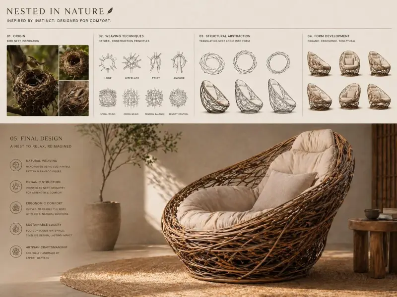 Conceptual transformation, bird nest construction techniques shaping a sculptural lounge