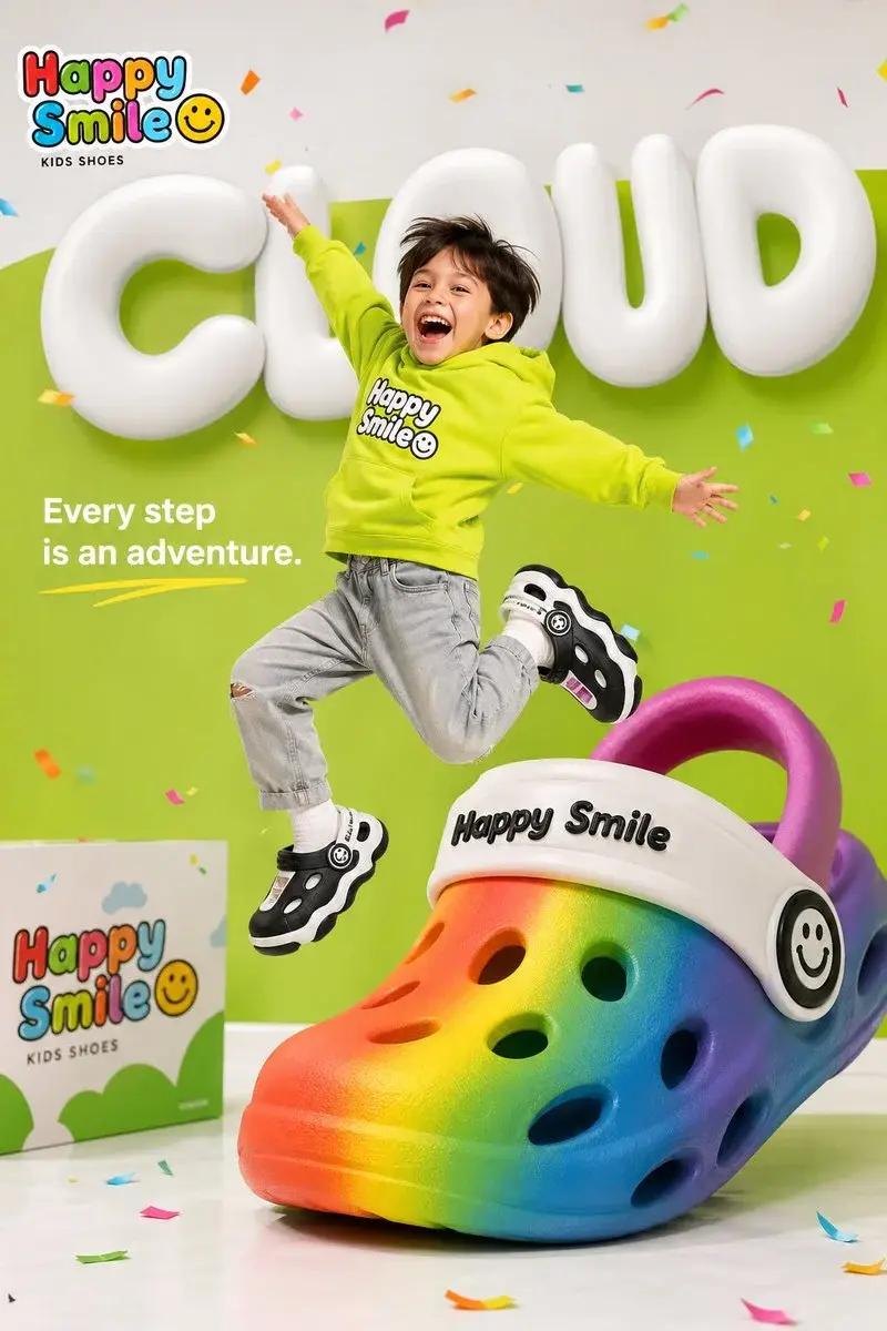 Bright colorful children's shoe brand advertisement for "Happy Smile☺️", happy young chi