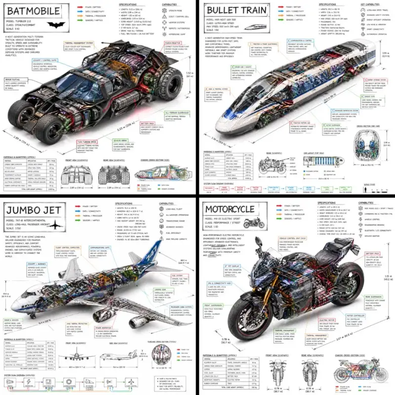 Create a technical infographic of [VEHICLE] with a 45-degree isometric 3D perspective sh