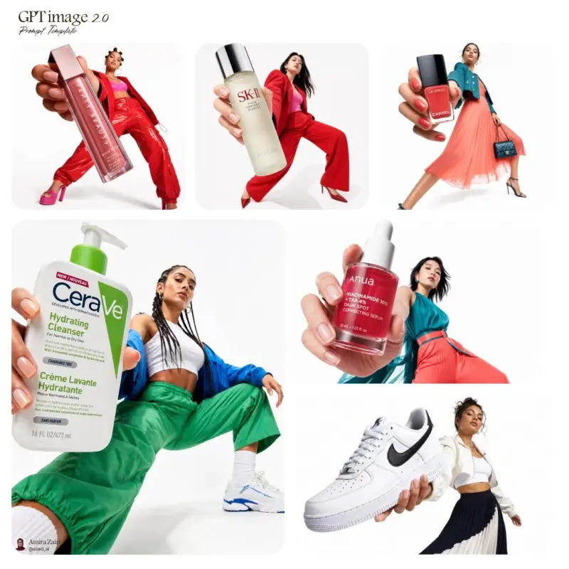 Low-angle fashion campaign photograph of a confident model holding a large [product name