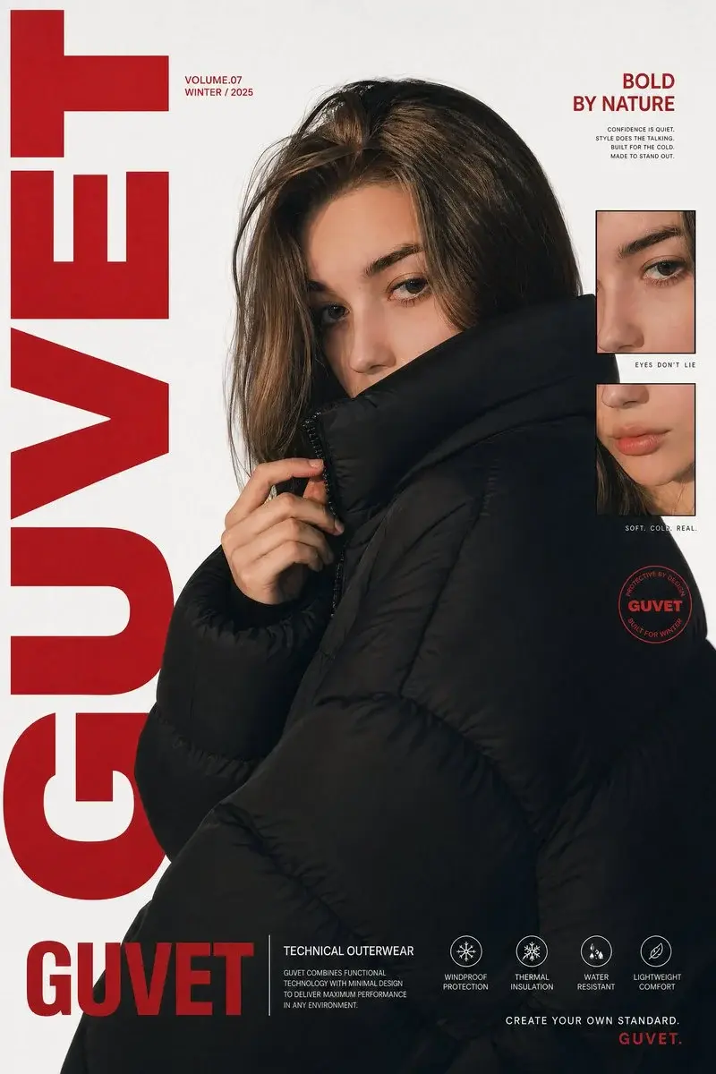 A bold fashion editorial poster featuring a young woman model in a close-up half-body po