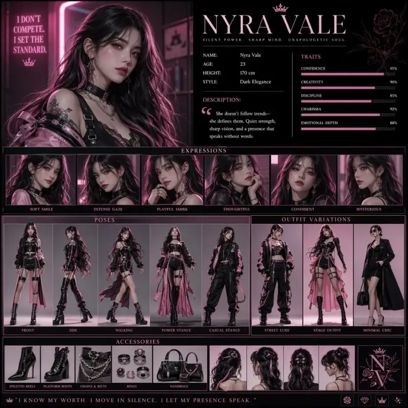 Create a high-resolution vertical character concept poster with a luxury pink and white