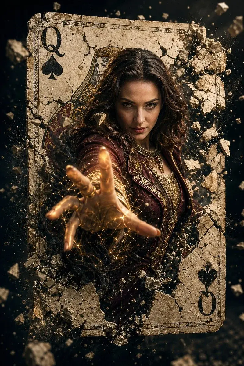 A hyper-realistic cinematic movie poster of a powerful female sorcerer with the same fac