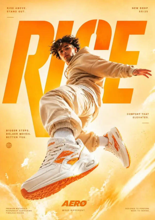 A cinematic, high-end sneaker advertisement poster featuring a young male model mid-air