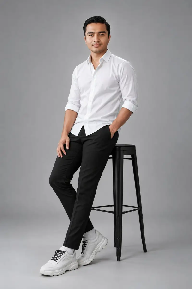 Studio full-body portrait of an adult man standing and leaning casually a...