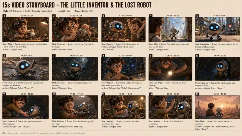 1️⃣storyboard prompt: 15-second animated storyboard sheet for a sci-fi adventur...