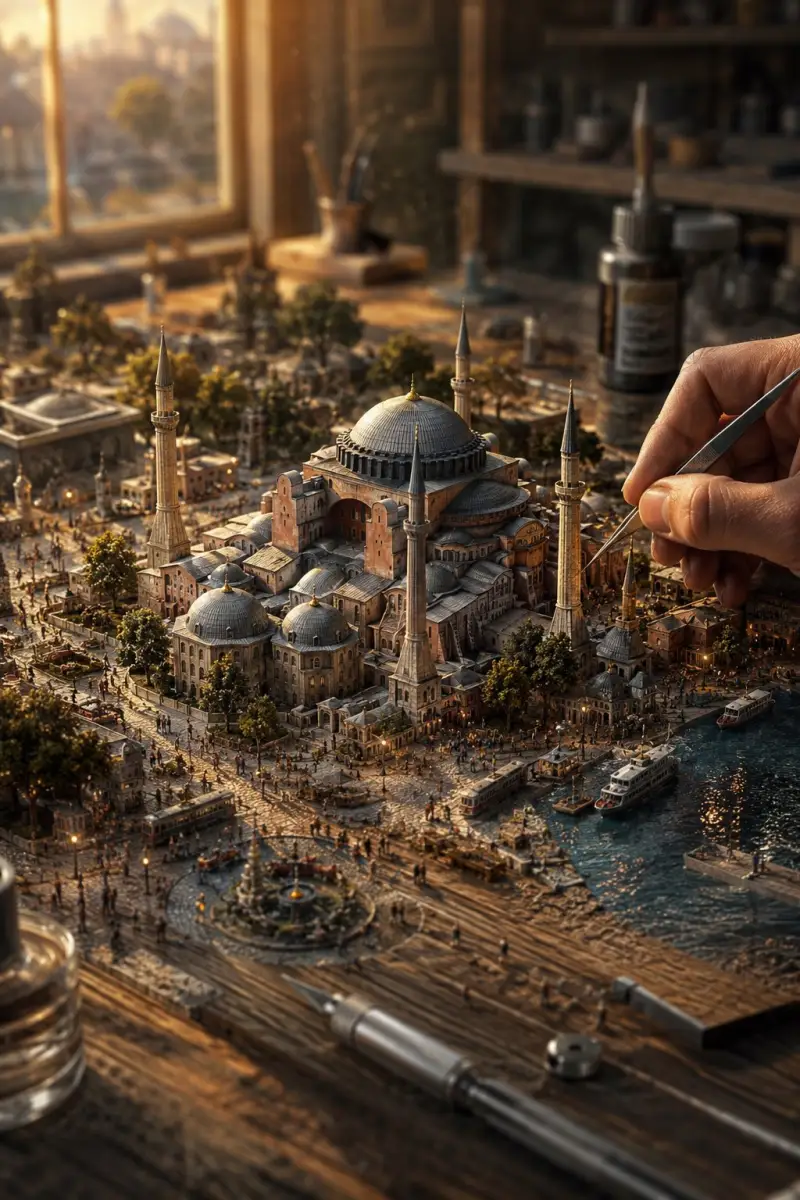 A hyper-detailed miniature diorama of [CITY OR PLACE] seamlessly built di...