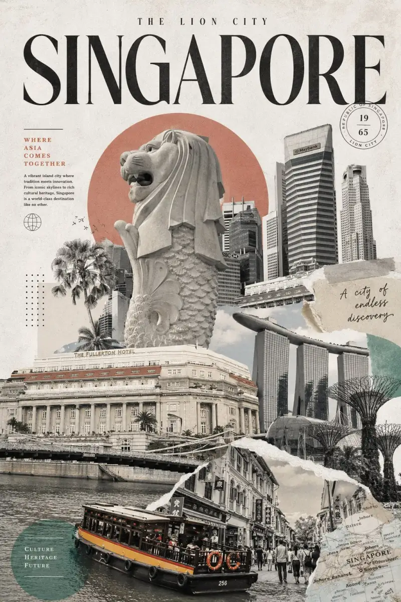 Contemporary retro-inspired travel collage poster, premium editorial dest...