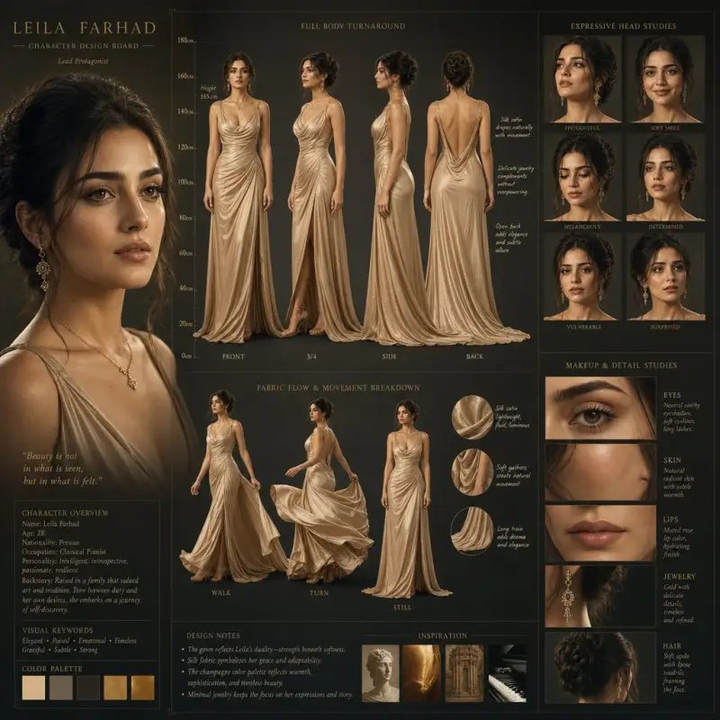 Create a cinematic character design board for a high-budget drama film. A...