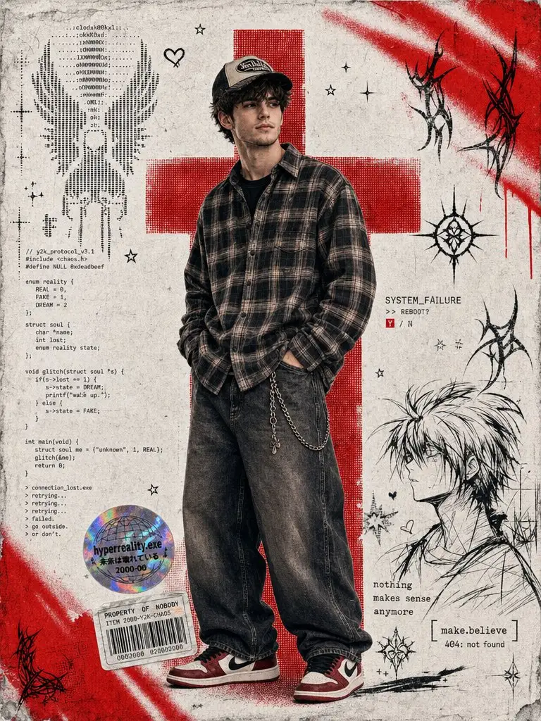 Create a vertical mixed-media digital collage poster in a Y2K cyber-grung...