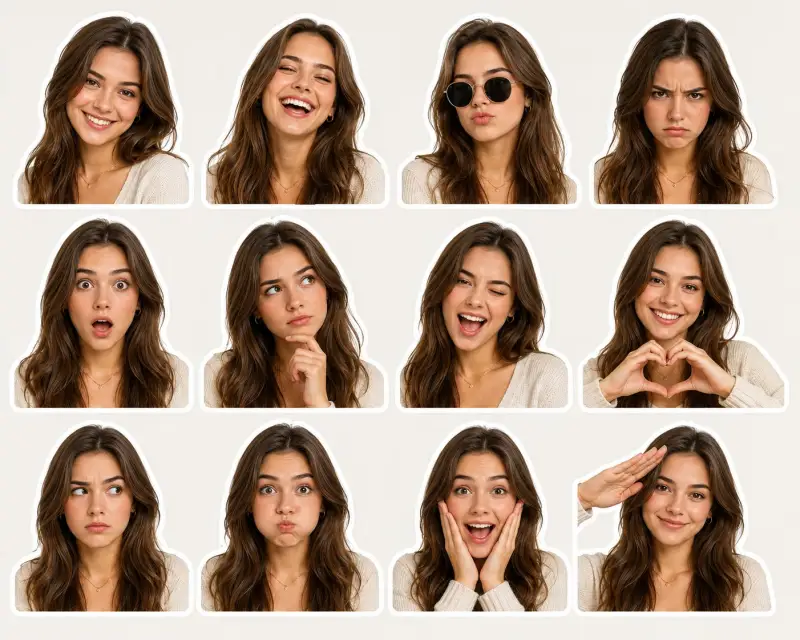 A high-quality sticker pack featuring a young beautiful English woman wit...