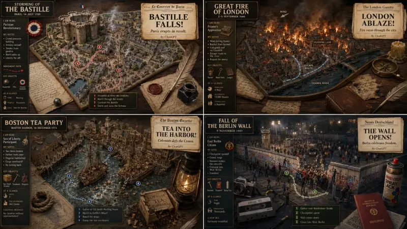 A fun prompt for visualizing historical events with GPT Image 2. 2x2 grid...