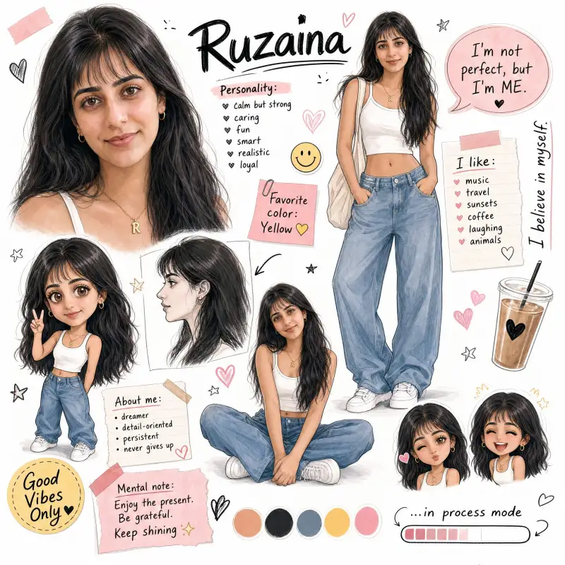 Prompt: A stylized character design sheet / storyboard for a fictional girl cha...