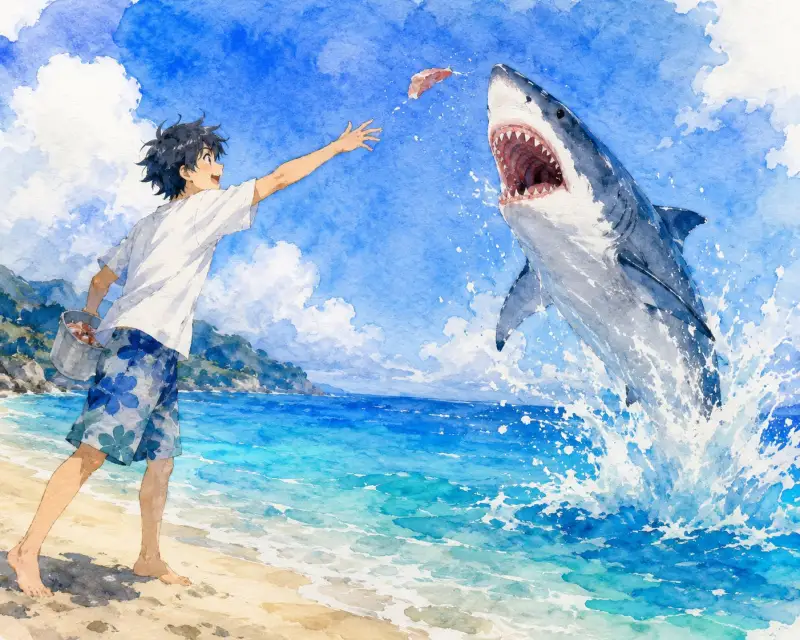 A boy and his friendly shark companion. ChatGPT images Prompt for the First Scene ​A vibrant, li