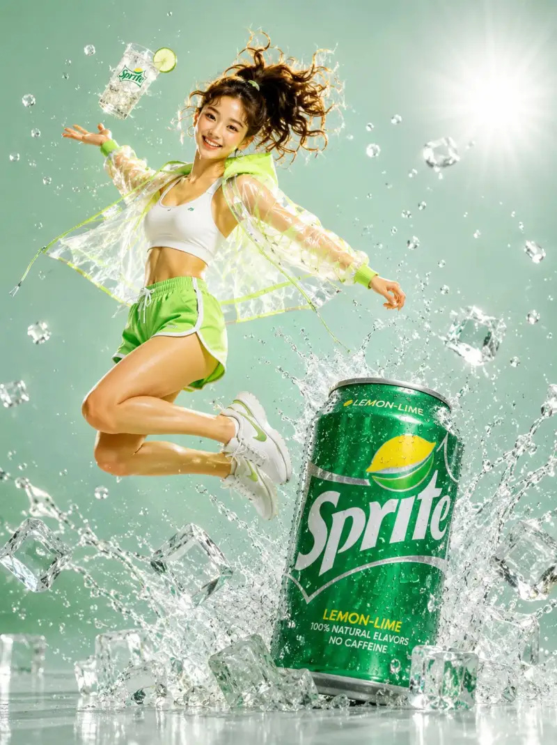 One leap. One sip. Endless refreshment. Claude x GPT Image 2 🥶 PROMPT ⬇ A young woman mid-air j