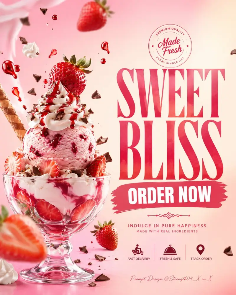 Strawberry Ice Cream Sundae 🍓 Created this premium dessert ad with GPT Image 2 on @openart_ai