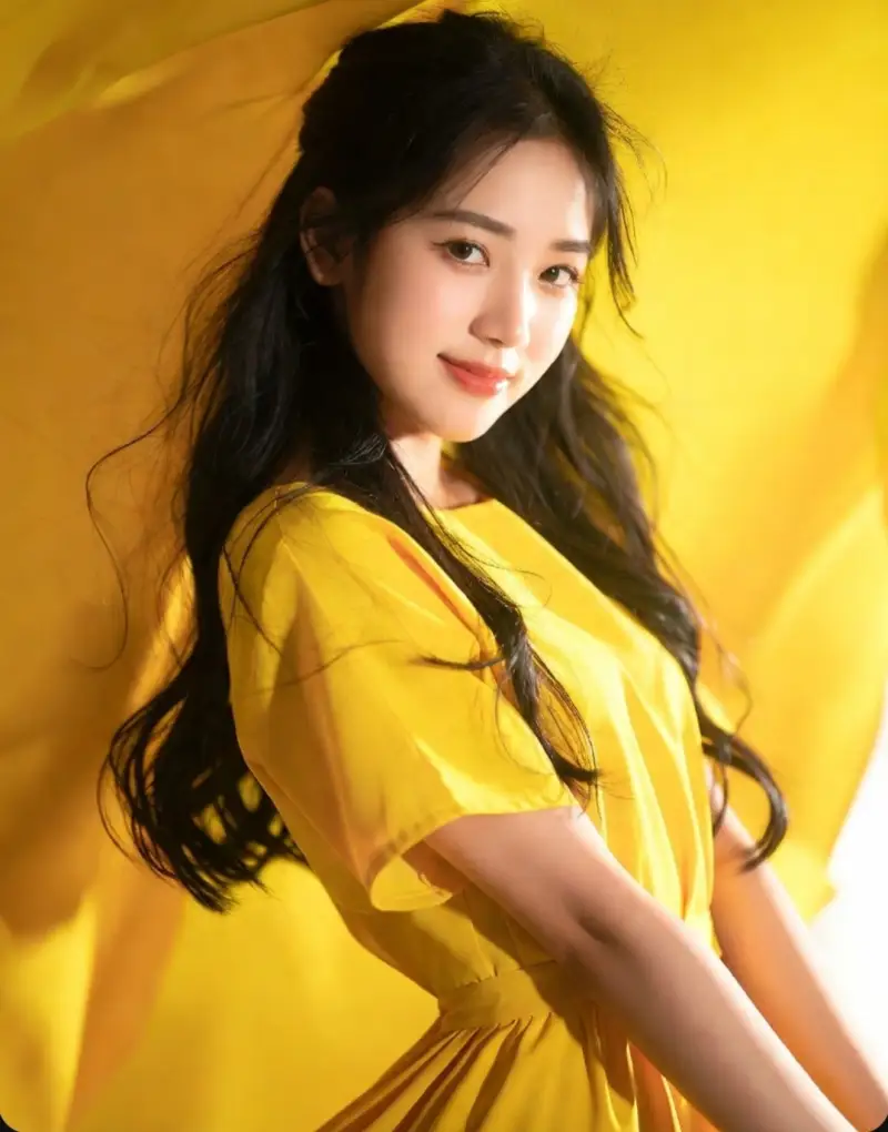 Radiant beauty glowing in vibrant, elegant yellow. Grok images