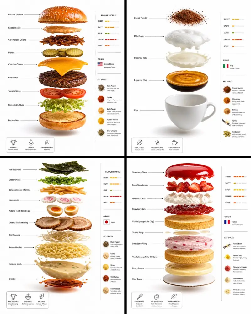 “A hyper-realistic 3D exploded-view culinary infographic poster for [FOOD]. The complete dish is