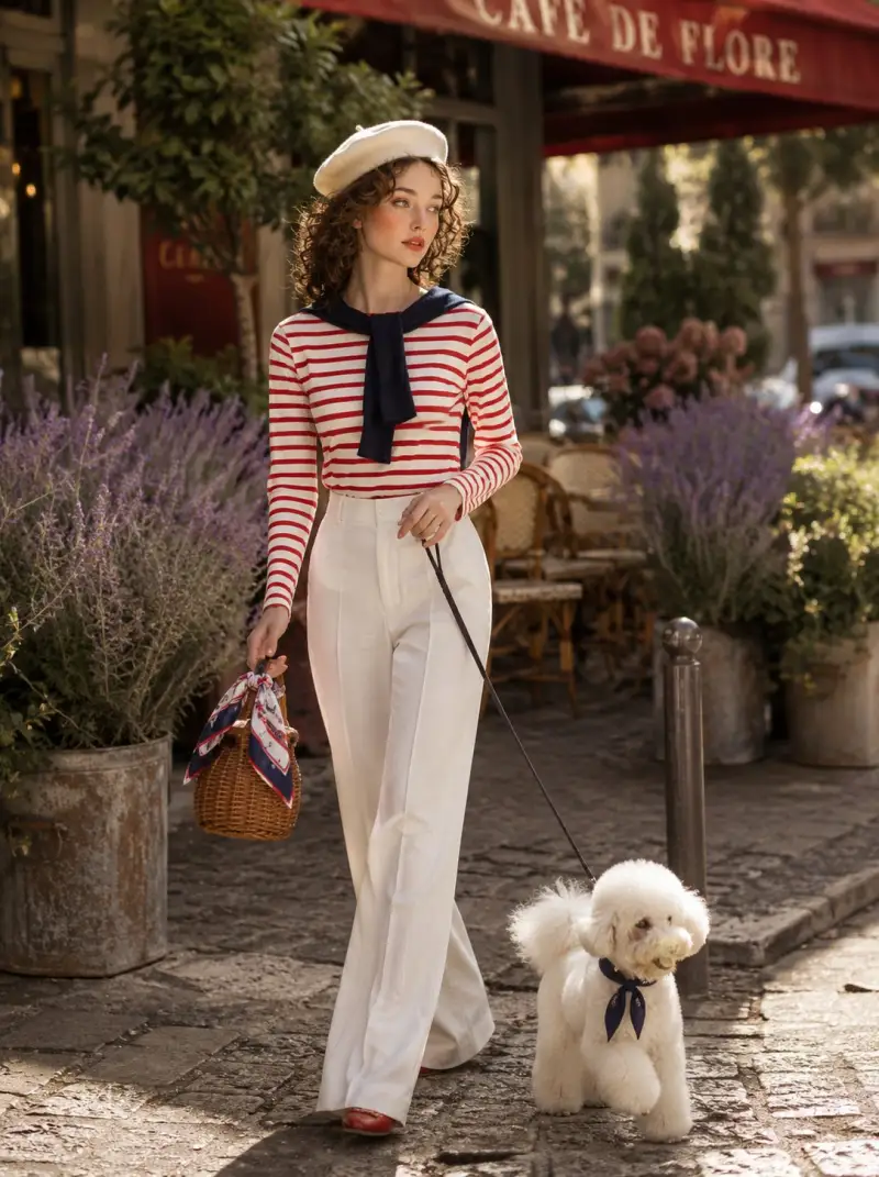 GPT Image 2 on ChatGPT PROMPT ⬇ A stylish young woman in a beret and striped top walking a fluff