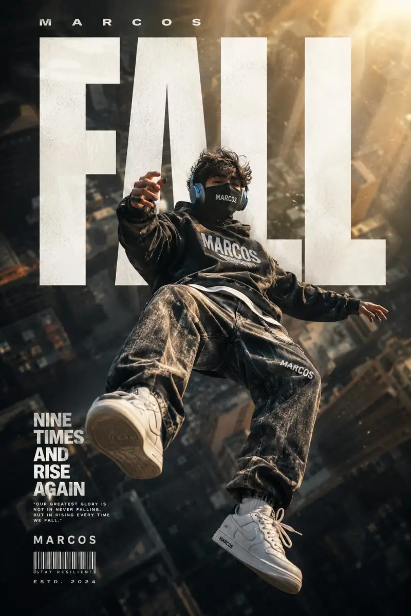 PROMPT Create a high-end cinematic streetwear poster featuring a masked young man floating in mi