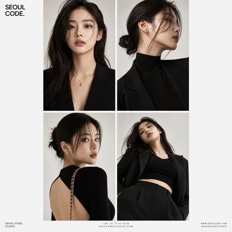 Create a premium high-fashion editorial series featuring a stylish Korean female model with shar