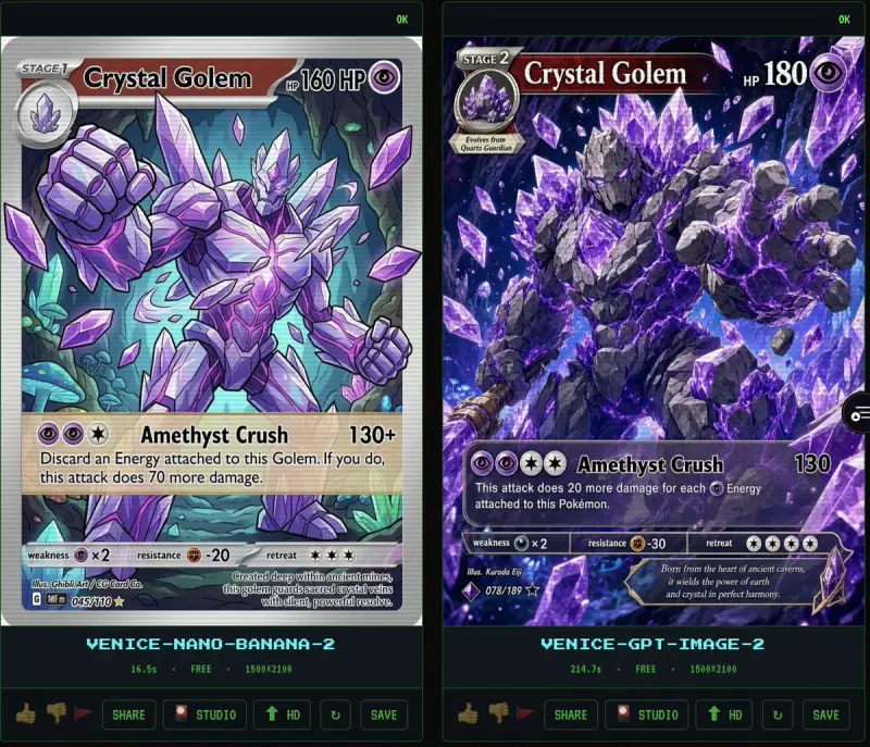 Crystal Golem 卡牌对比 UI